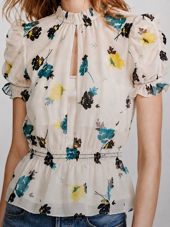 Self-Portrait Tops - Self-Portrait Chiffon Split Front & Back Peplum Light Apricot Floral Blouse Sz 2